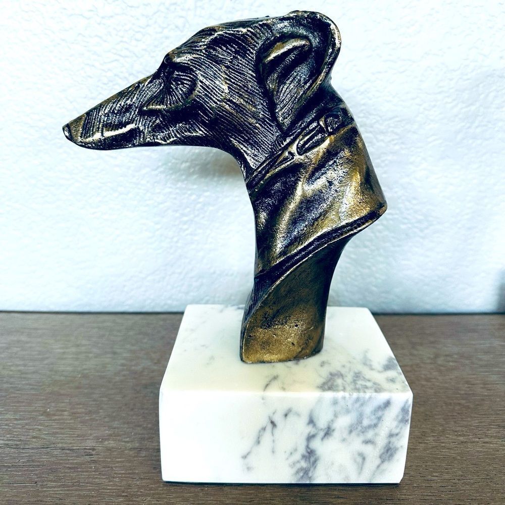 Bronze Grayhound Whippet Dog Bust Marble Base Figure Decor